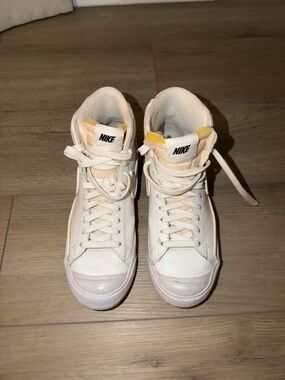 Nike Blazer High-Top Sneakers in Off-White with Yellow Tongue Accents